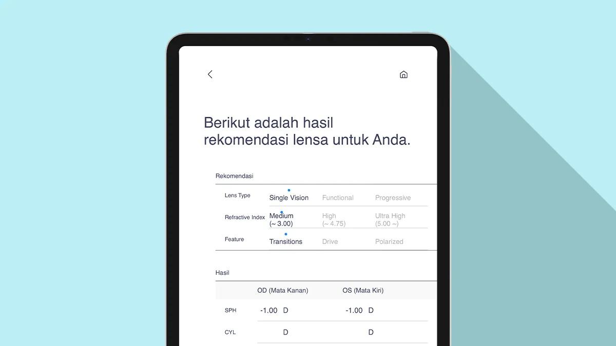 Hasil rekomendasi lensa dari VIUUM yang ditampilkan pada iPad melalui VIUUM App