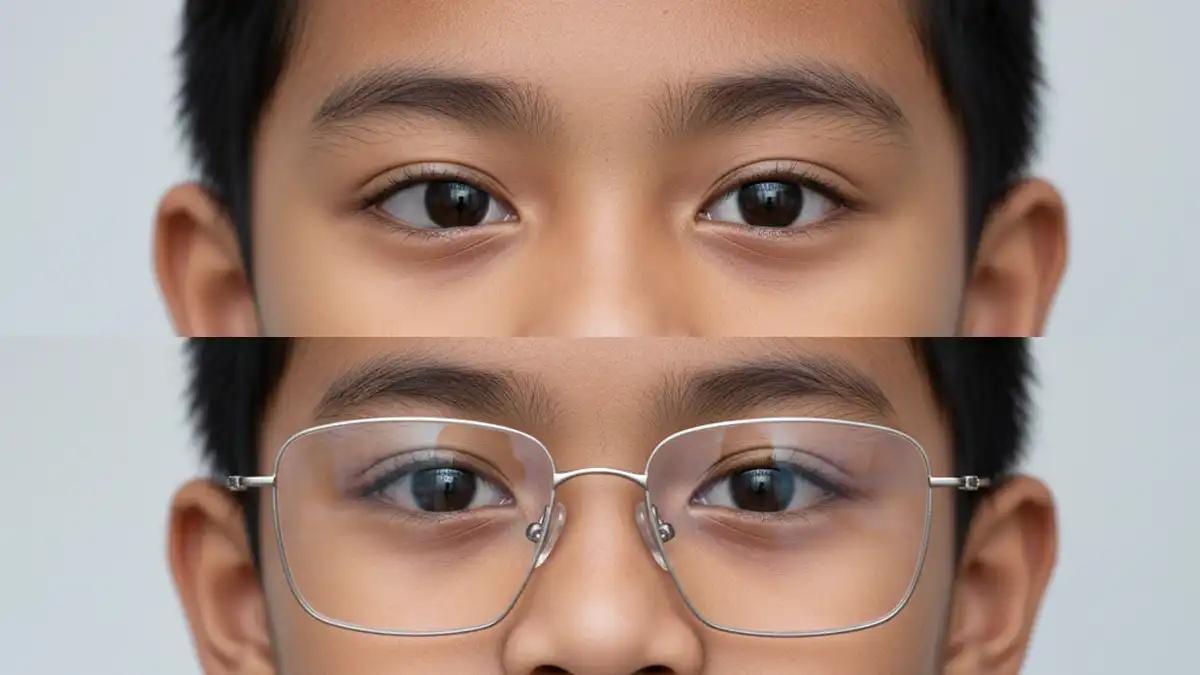 seorang anak menggunakan pengidap diplopia menggunakan kacamata dengan lensa prisma