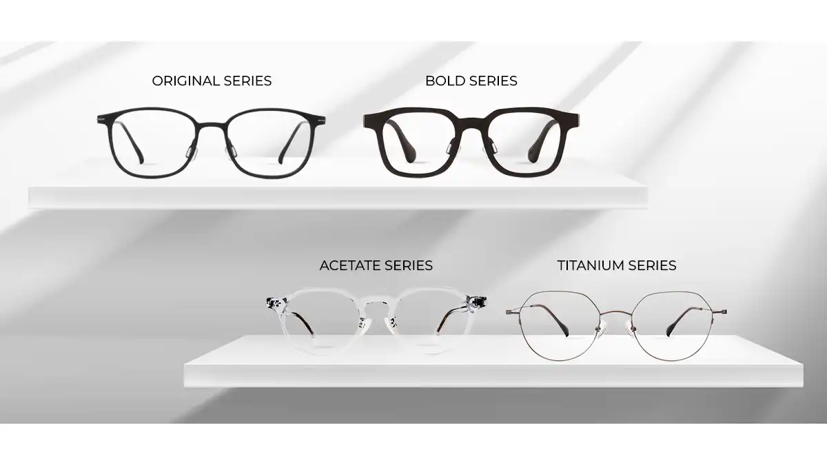 Kacamata custom sized VIUUM yang terdiri dari series original, bold, acetate dan titanium di atas rak dinding berwarna putih yang cocok untuk wajah bulat