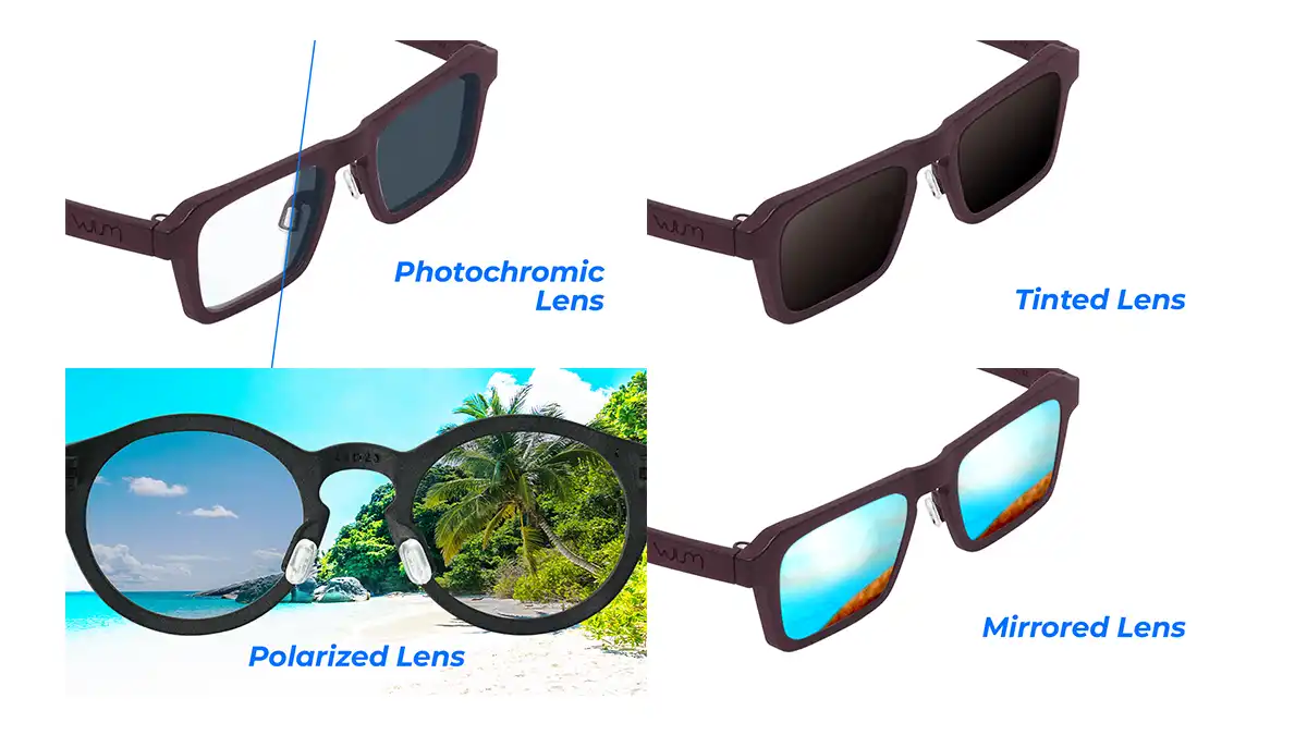 Pilihan kacamata VIUUM dengan lensa photochromic, lensa tinted, lensa polarized dan lensa mirrored